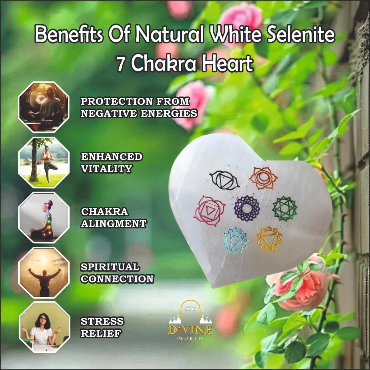 NATURAL WHITE SELENITE 7 CHAKRA HEART